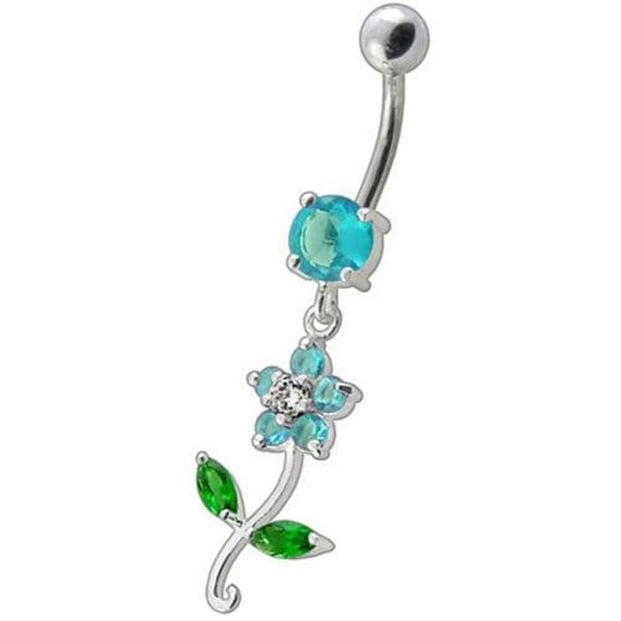 Fancy Flower With Green Jeweled Leafs Dangling Navel Banana Bar Ring