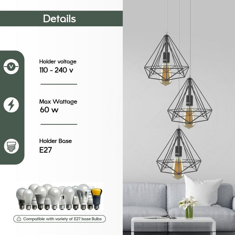 Vintage Industrial 3 Head Ceiling Pendant Lamp - Metal Cage Shade - Loft Style - E27 Base - High Quality - CE Certified