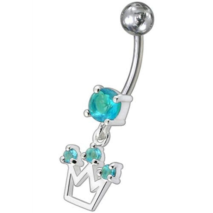 Fancy Silver Crown Jeweled Dangling Belly Ring