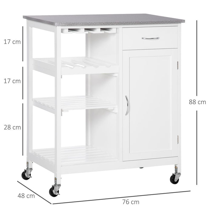 Kitchen Trolley Utility Cart on Wheels with Wine Rack, Drawer, Open Shelf White