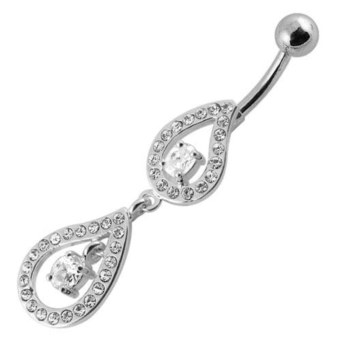 Fancy Pear Shape Jeweled Dangling SS Bar Navel Ring