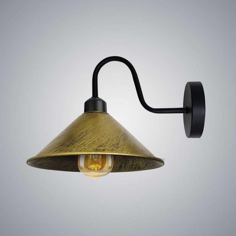 Vintage Brass Wall Sconce, Black Cone Shape Shade, E27 Base, Dimmable, Retro Design, Indoor Lighting