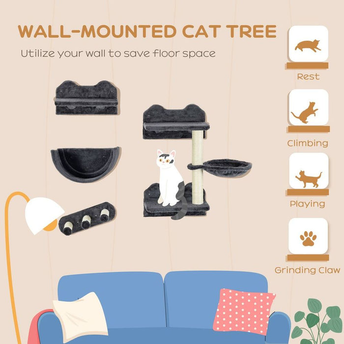 PawHut 4PCs Wall Mounted Cat Tree Cat Wall Shelves W/ Scratching Post Dark Grey