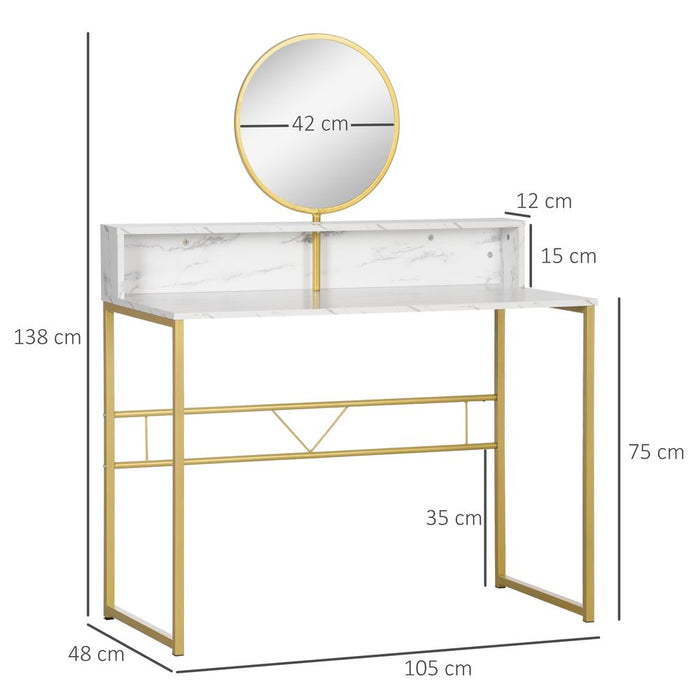 Dressing Table with Round Mirror, Vanity Makeup Desk Faux Marble Texture White