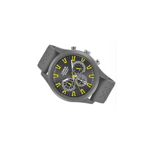 Lorus Mens Sports Chronograph Dated Grey/Yellow Dial Grey Rubber Strap Watch RT377JX9