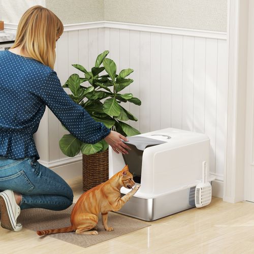 PawHut Stainless Steel Cat Litter Box with Removable Lid & Scoop, White