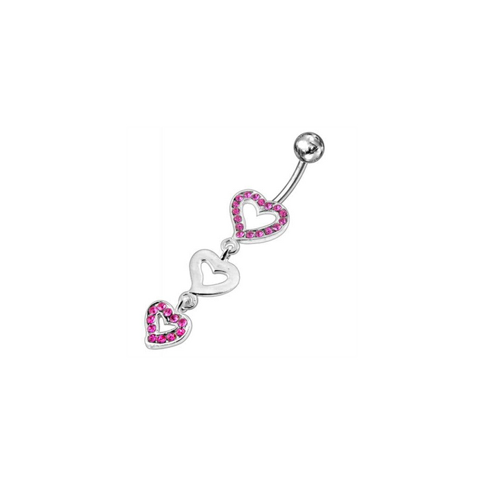 Triple Jeweled Heart Silver Dangling SS Navel Banana Ring