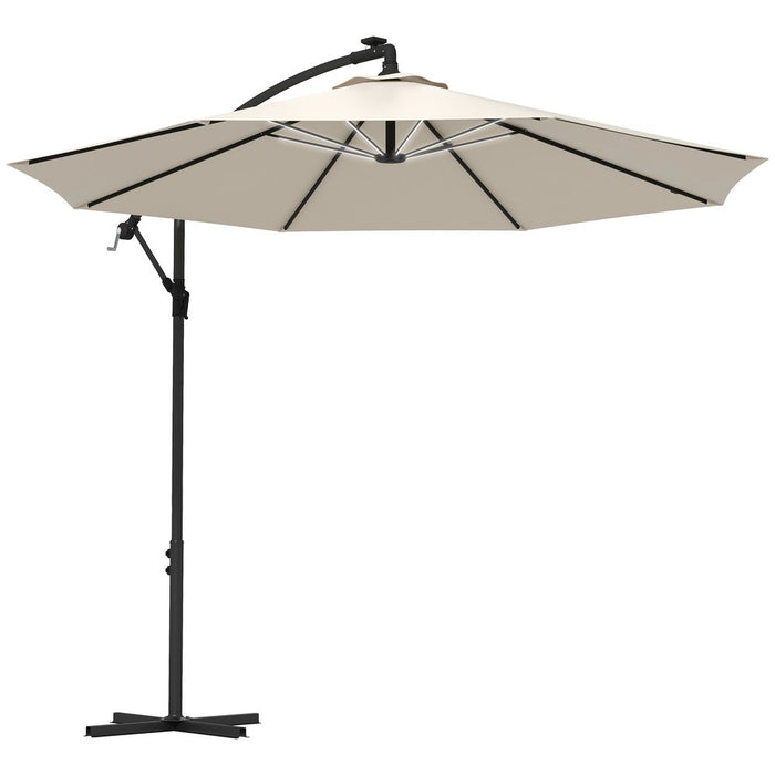 Outsunny 3(m) LED Patio Banana Umbrella Cantilever Parasol w/ Crank, Beige