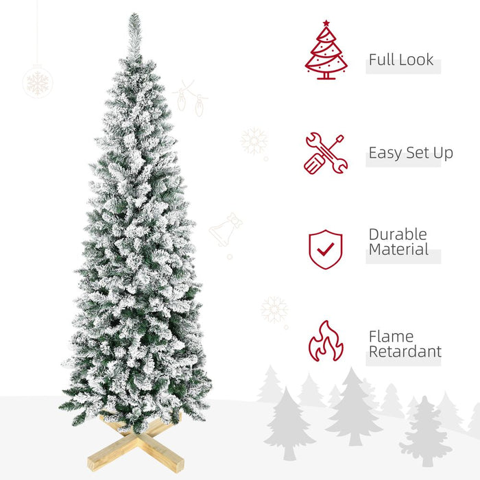 HOMCOM 6 Ft Snow Flocked Artificial Christmas Tree, Xmas Pencil Tree with Realistic Branches, Auto Open, Pinewood Base, Green