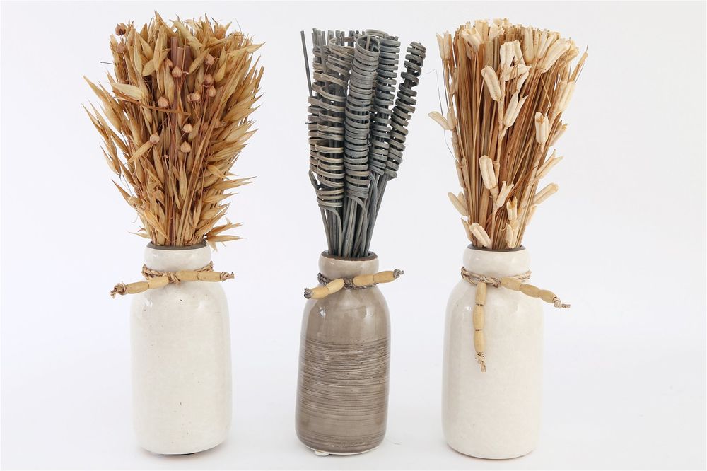 Premium Handmade Ceramic Vase with Dried Grass - Set of 3