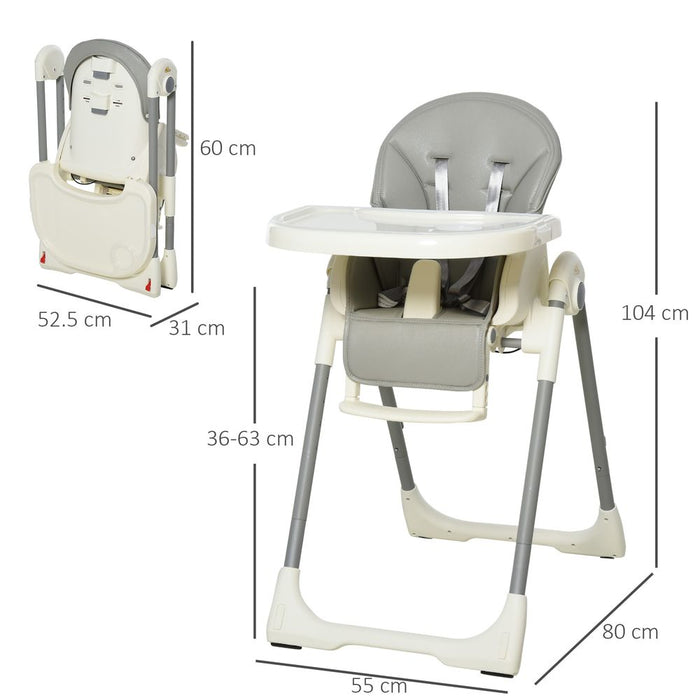 HOMCOM Foldable Baby High Chair Convertible Feeding Chair Height Adjustable with Adjustable Backrest Footrest and Removable Tray 5 Point Safety Harness for Kids 6-36 Months Grey