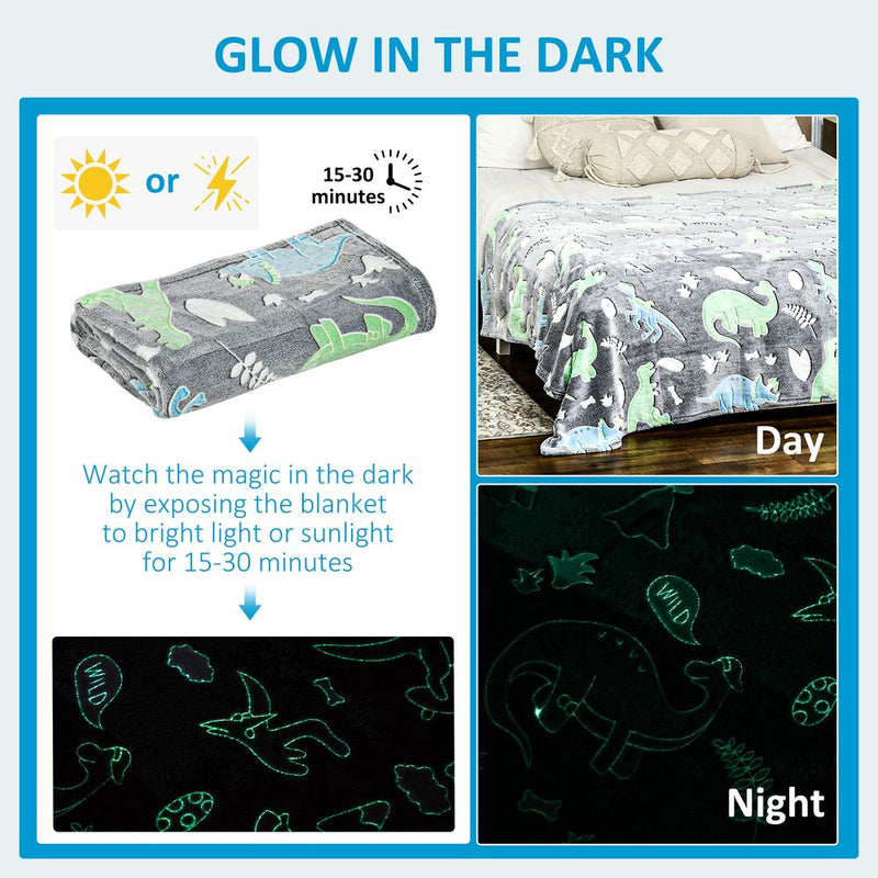 Glow in the Dark Dinosaur Flannel Fleece Blanket - 203x152cm - Double Size - Perfect for Cozy Nights and Outdoor Adventures
