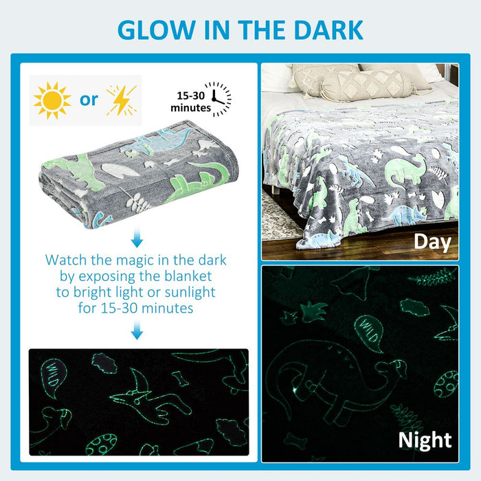 Glow in the Dark Dinosaur Flannel Fleece Blanket - 203x152cm - Double Size - Perfect for Cozy Nights and Outdoor Adventures