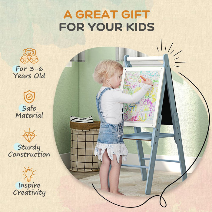 Art Easel for Kids, Double-Sided Whiteboard Chalkboard w/ Paper Roll - Blue