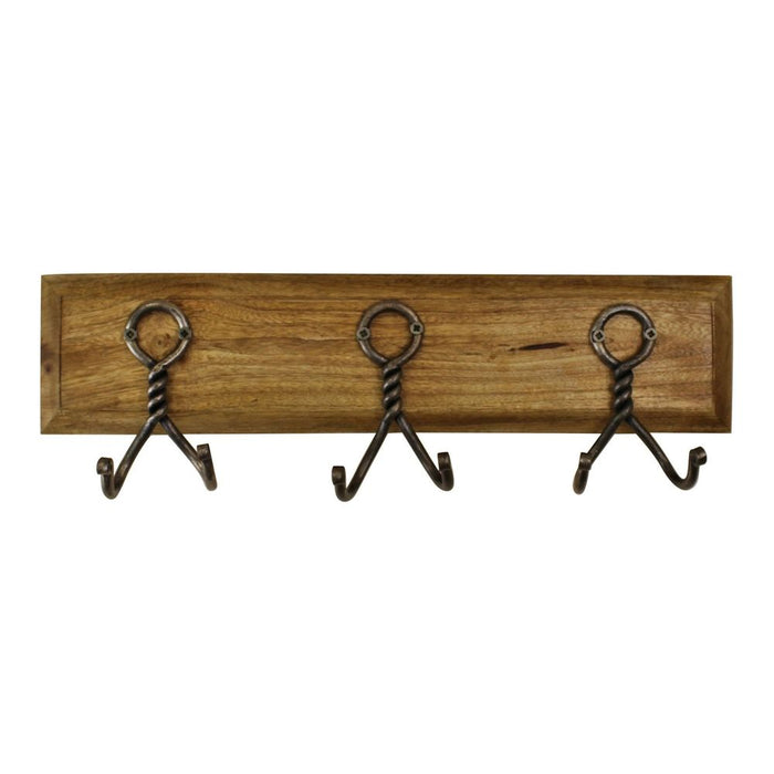 Industrial Rustic Metal Hooks on Wooden Base - Set of 3