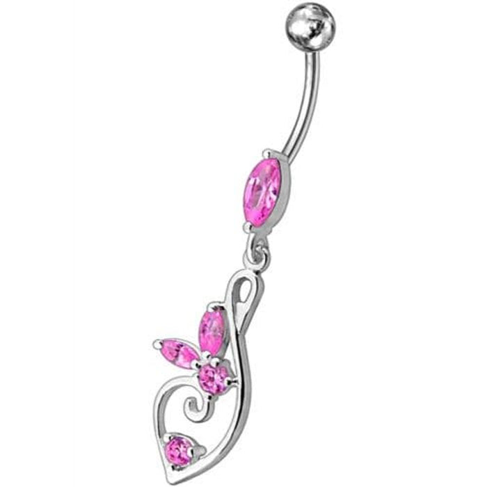 Silver Fancy Flower Jeweled Dangling  SS Bar Belly Body Ring