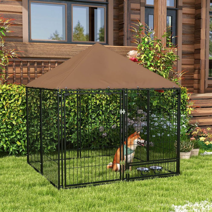 Premium Outdoor Dog House Kennel: Canopy Top, Secure Lock, and Rotating Bowl Holder