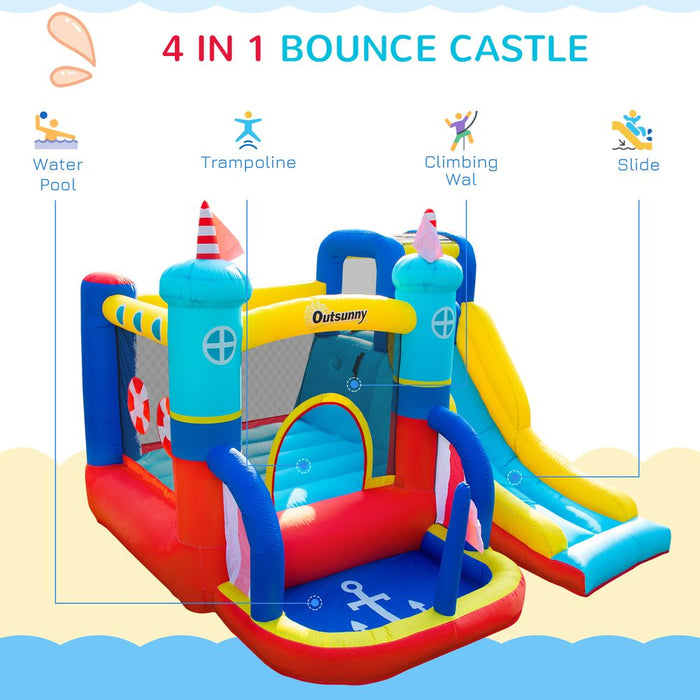 Outsunny 4 in 1 Kids Bouncy Castle Large Sailboat Style Inflatable House Slide Trampoline Water Pool Climbing Wall with Blower Carrybag for Kids Age 3-8, 2.65 x 2.6 x 2m