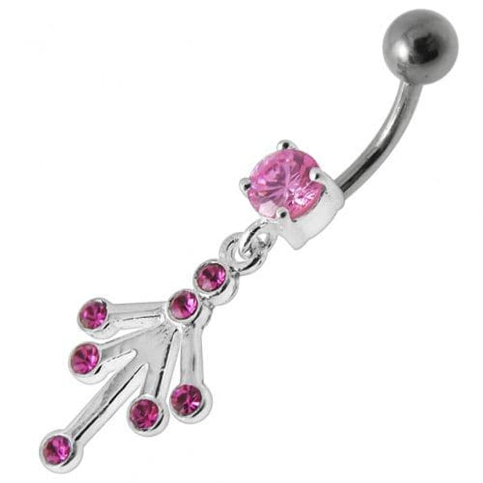 Fancy Jeweled Silver Dangling With Curved Bar Belly Ring Body Jewelry