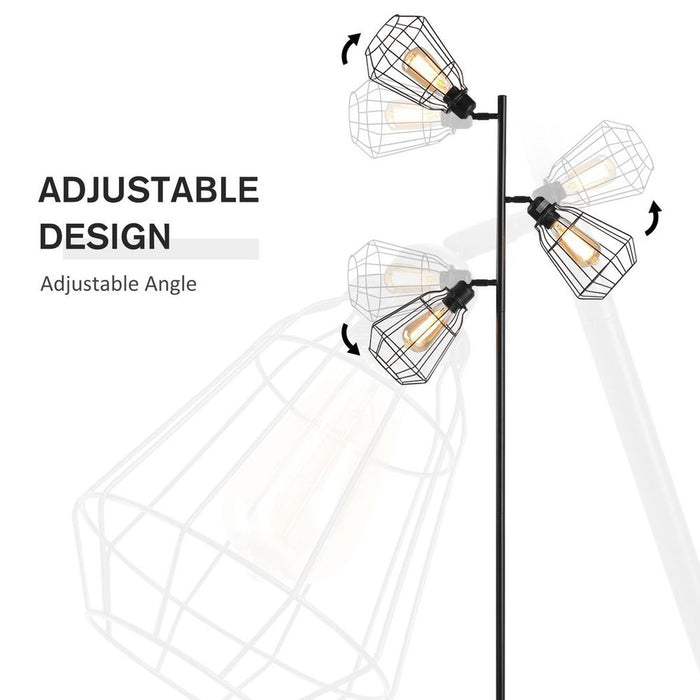 Premium Industrial Steel Birdcage Floor Lamp | 3 Lights | Round Base | Black