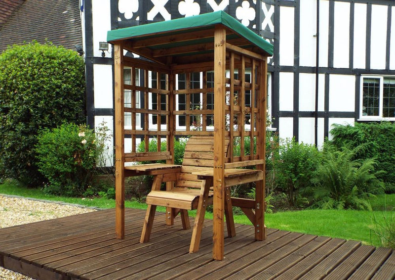 Premium Wentworth Single Arbour - Green, FSC Wood, Roof Cover, Side Tables - Made in Britain (80 characters)