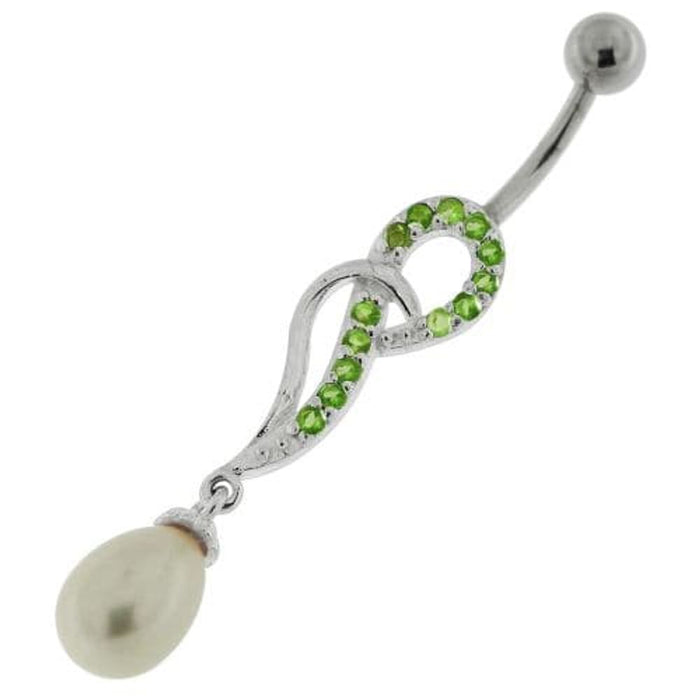 Jeweled Fancy Pearl Silver Dangling Curved Bar Belly Ring