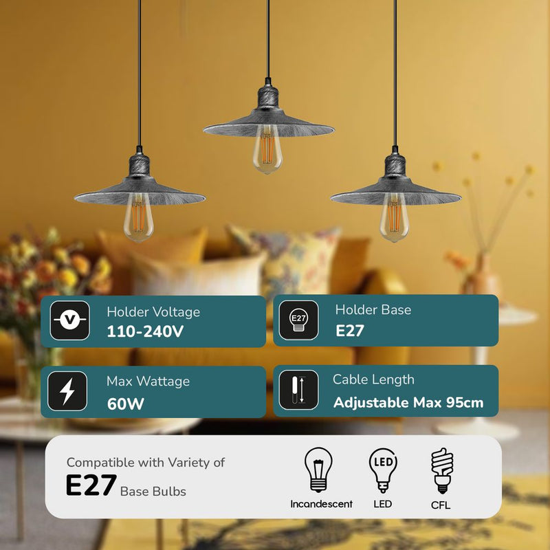 3 Head Rectangle Base Vintage Ceiling Pendant Light Shade Hanging Lamp
