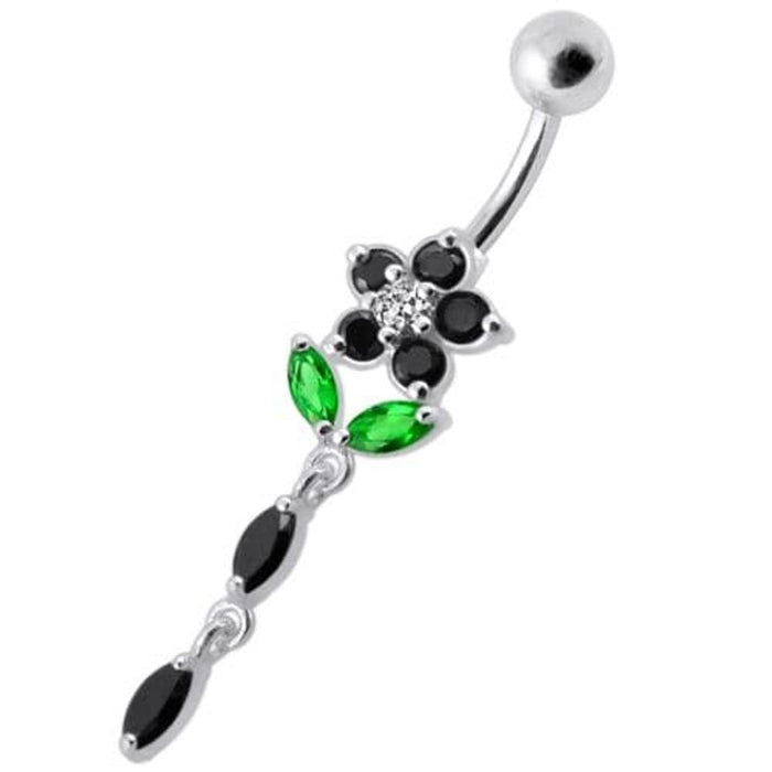 Fancy Jeweled Flower Dangling Banana Bar Navel Ring