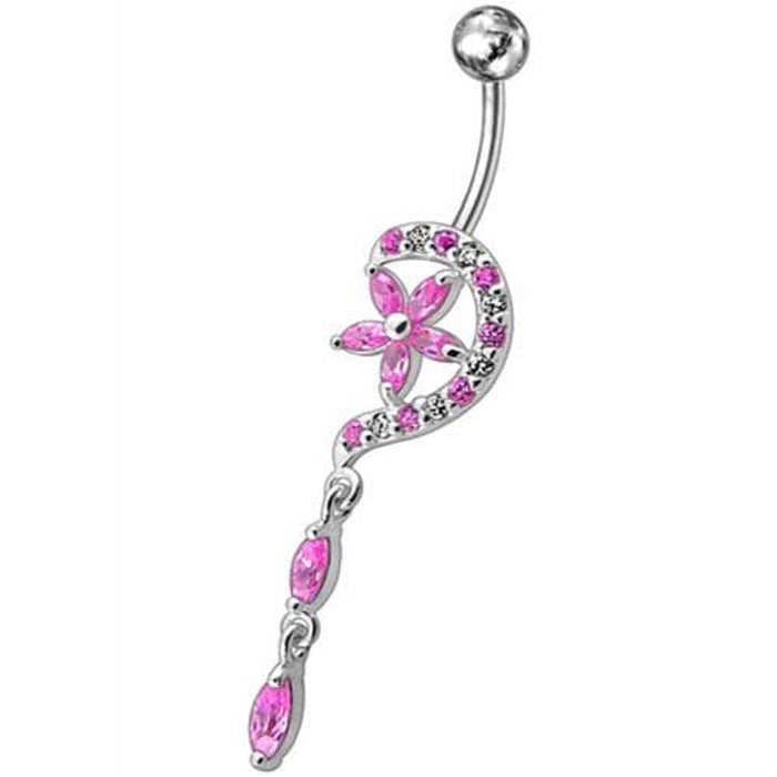 Fancy Jeweled Flower Long Tail Silver Dangling Belly Ring