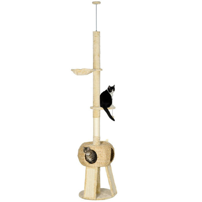 PawHut 255cm Cat Tree Tower with Scratching Post Cat House Ball Platform Beige