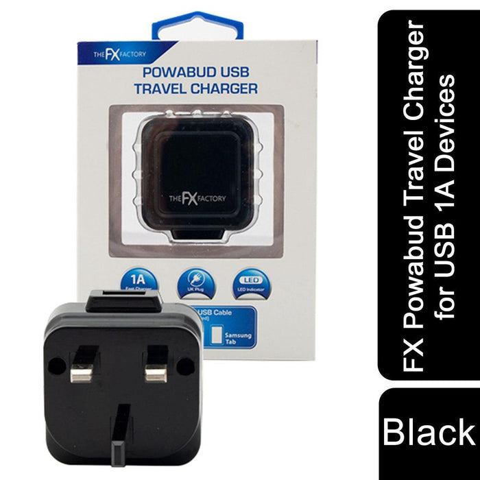 FX Powabud USB Charger - Black | 1A Fast Charging | Compact & Portable