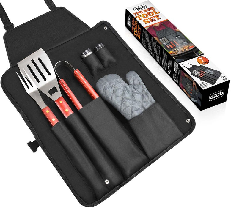 High-Quality 7pc BBQ Tools Set - Apron, Tongs, Spatula, Fork - Durable Stainless Steel - Professional Chef's Choice!