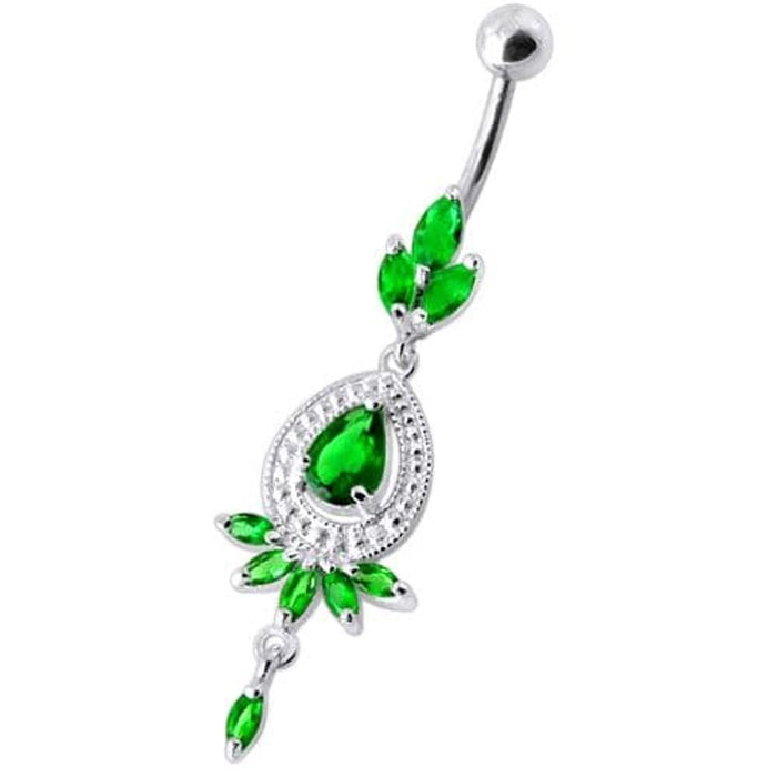 Fancy stone centered Jewel Dangling SS Bar Belly Ring