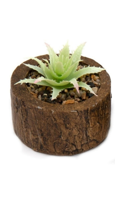 Bark Effect Pot + Faux Succulent - Natural Charm, Cement + Plastic, 8cm Diameter, Randomly Picked