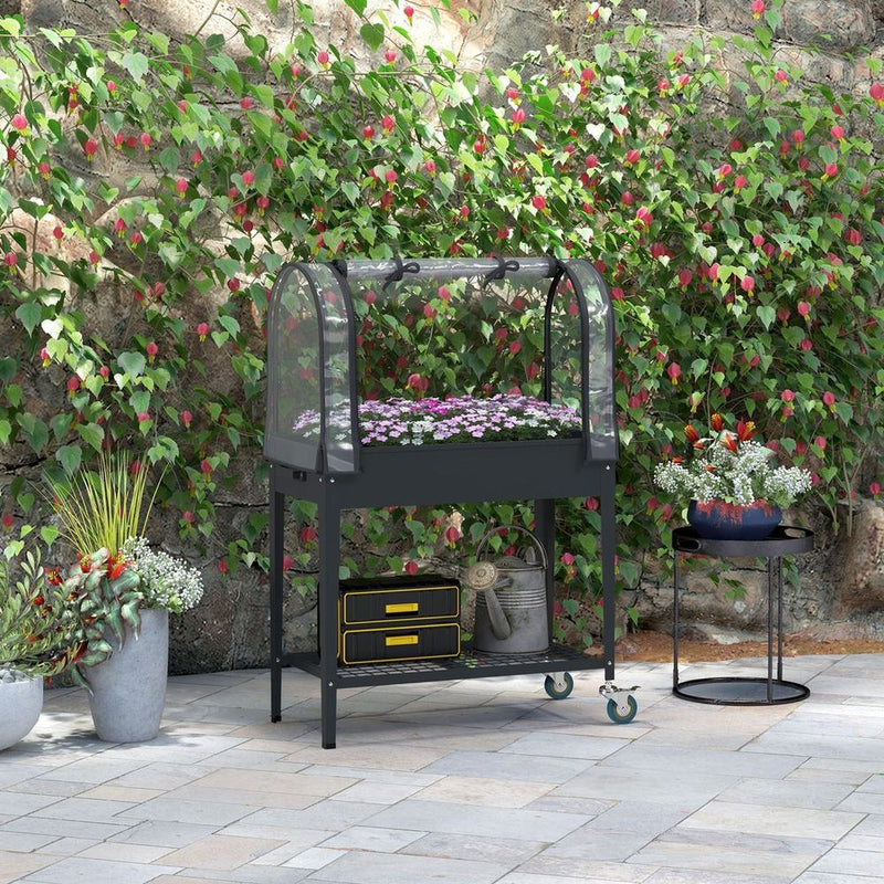 Outsunny Mobile Raised Garden Bed w/ Greenhouse & Bottom Shelf - Dark Grey