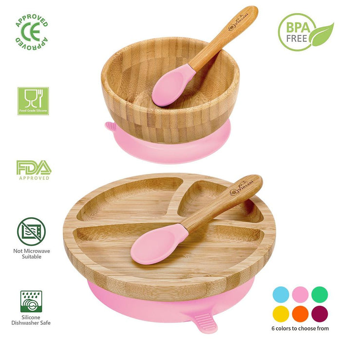 VINSANI BAMBOO BOWL, ROUND PLATE & SPOON SET - Non-Slip Base, All-Natural, Easy Clean - Perfect for Baby Feeding!