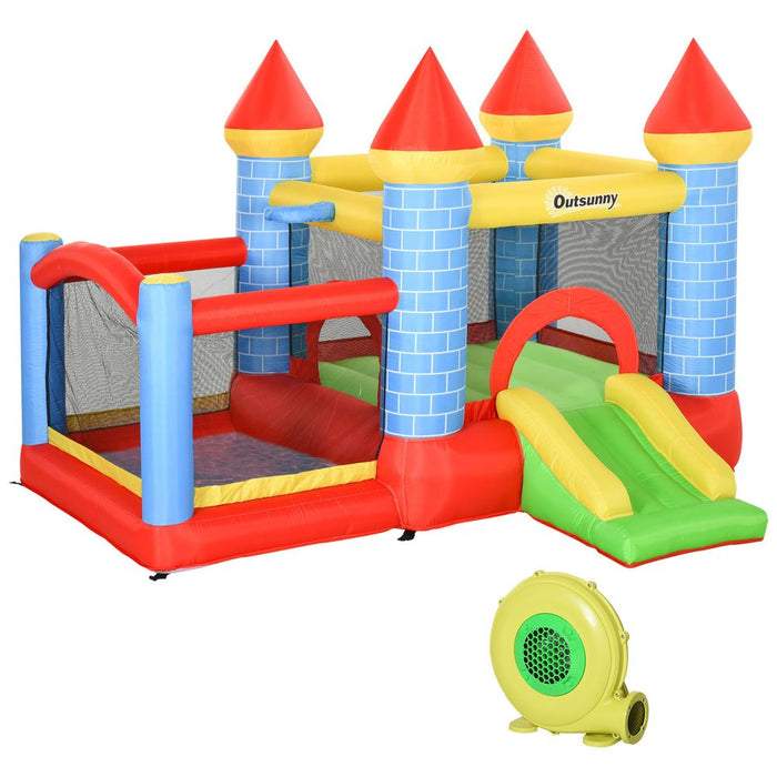 Outsunny Kids Bouncy Castle House Inflatable Trampoline Slide Water Pool Basket 4 in 1 with Blower Basketball Hoop for Kids Age 3-8 Castle Design 2.8 x 2.6 x 2.1m