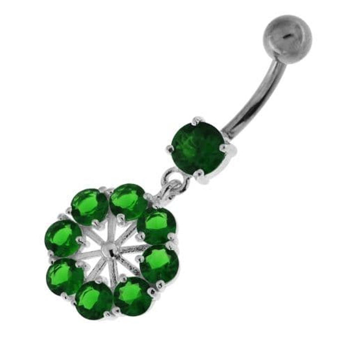 Round Jeweled Flower Sterling Silver Navel Ring