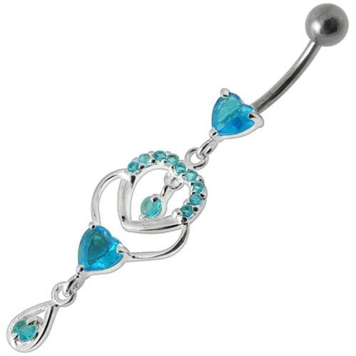 Fancy Jeweled Dangling Heart With Banana Bar Belly Ring Body Jewelry