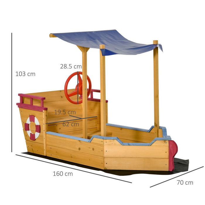 Kid's Wood Sandbox Pirate Sandboat w/ Canopy - Quality Outdoor Toy - Easy Storage - Durable - 103H x 160L x 70Wcm