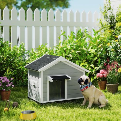Wooden Dog House, Dog Kennel Outdoor w/ Openable Roof, Removable Floor, Curtain