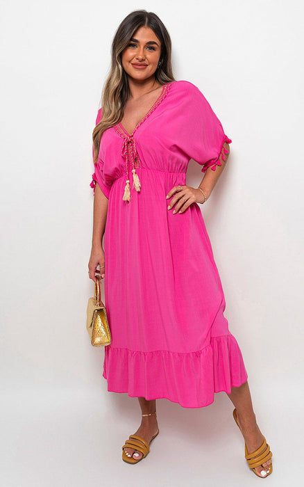 Stunning V-Neck Maxi Dress with Rope Tassel Detail