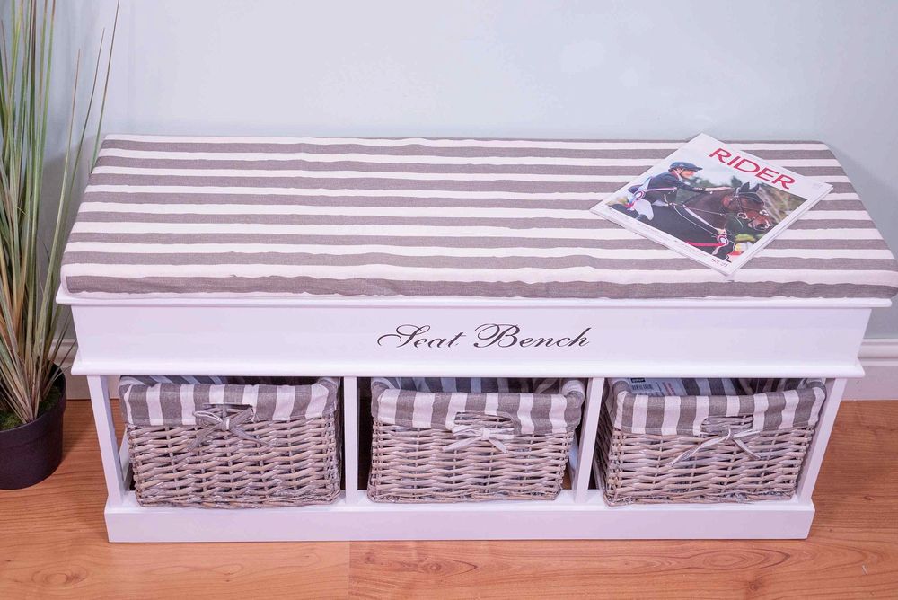 White Wooden Bench with 3 Baskets - 104x33x50cm