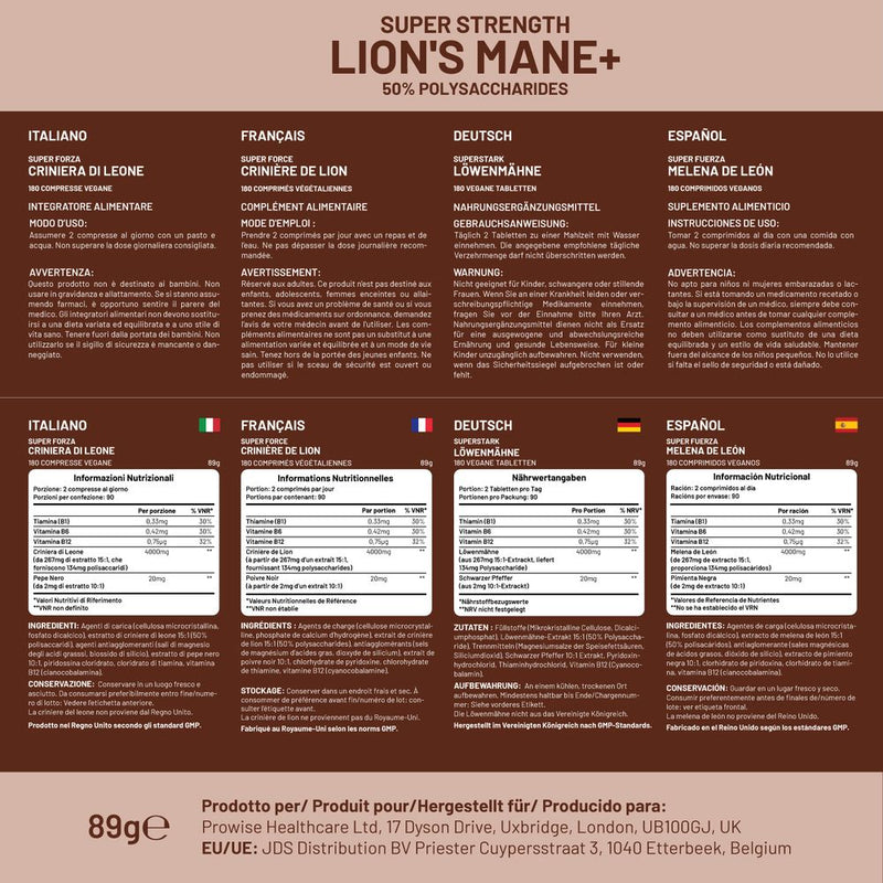 Lions Mane Mushroom Supplement 4000mg with Vitamin B1, B6, B12 & Black Pepper - 180 Super Strength Vegan Tablets with 50% Polysaccharides (Not Powder or Capsules) | Made in The UK by Prowise