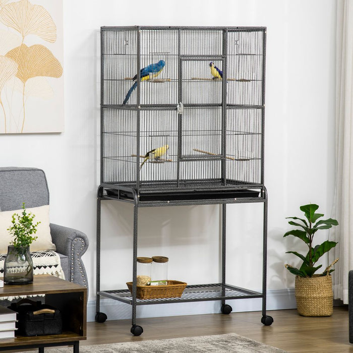 PawHut Large Bird Cage Budgie Cage with Stand, Storage Shelf, Wood Perch for Parrot Canary Parakeet Cockatiels, 81 x 48 x 162.5 cm