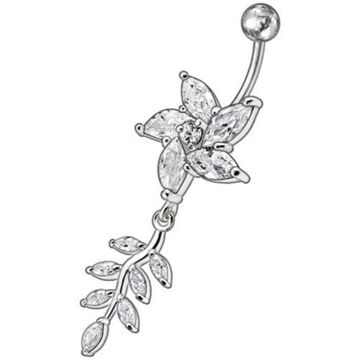 Fancy flower With Leafs Jeweled Silver Dangling Banana Belly Ring