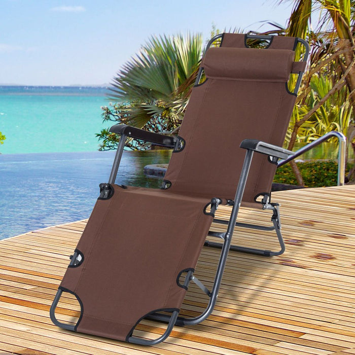 Premium 2 in 1 Folding Sun Lounger - Adjustable Back & Pillow | Brown