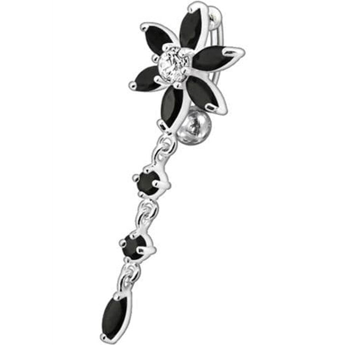 Fancy  Flower With Long Tail Jeweled Dangling Navel Ring