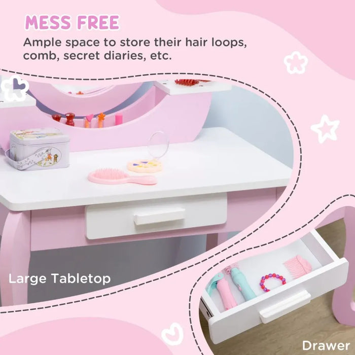 Kids Dressing Table with Mirror and Stool with Drawer for 3-6 Years Old, Pink