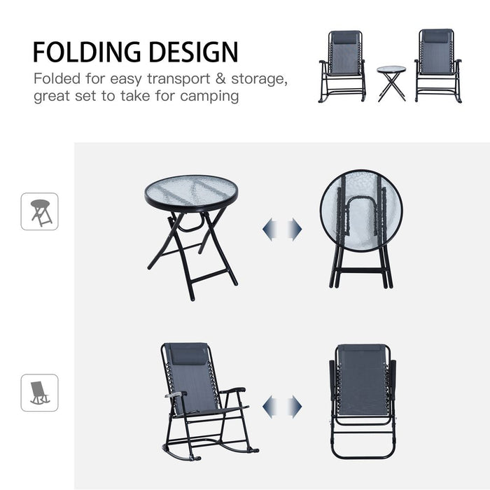 3 Piece Rocking Bistro Set, 2 Folding Chairs & 1 Tempered Glass Table, Grey